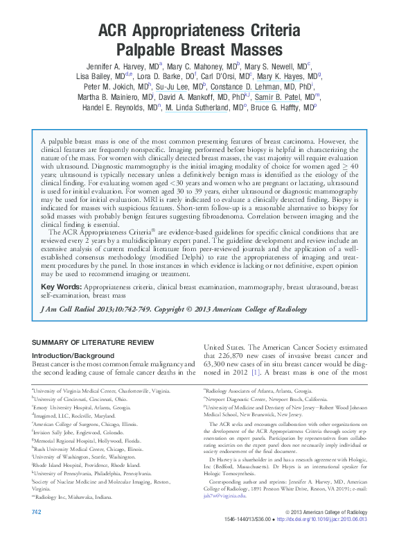 Acr Appropriateness Criteria Palpable Breast Masses Journal Of The Acr Appropriateness Criteria Palpable Breast Masses Journal Of The