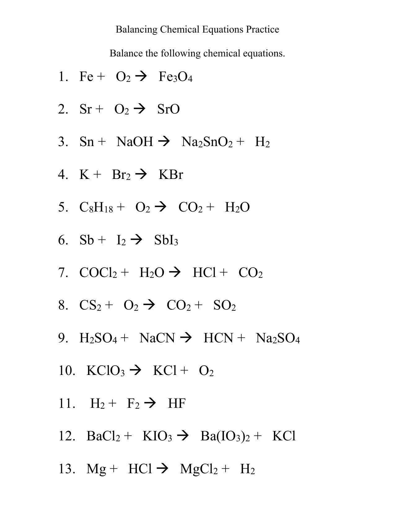 Balancing Chemical Equations Worksheet Chemistry Practice Balancing Chemical Equations Worksheet Chemistry Practice
