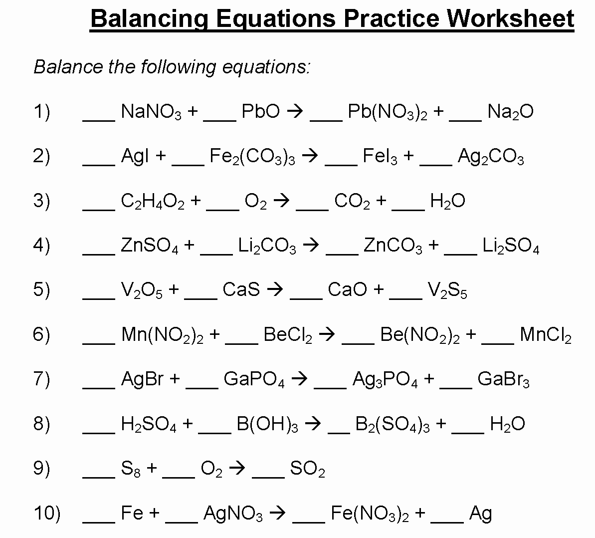 Balancing Equation Practice Worksheet Answers Balancing Equations Balancing Equation Practice Worksheet Answers Balancing Equations