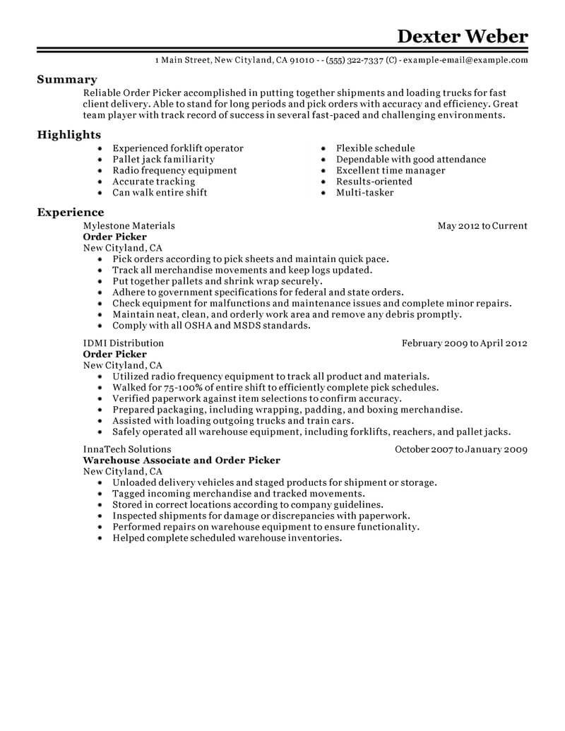 Best Order Picker Resume Example Livecareer Best Order Picker Resume Example Livecareer