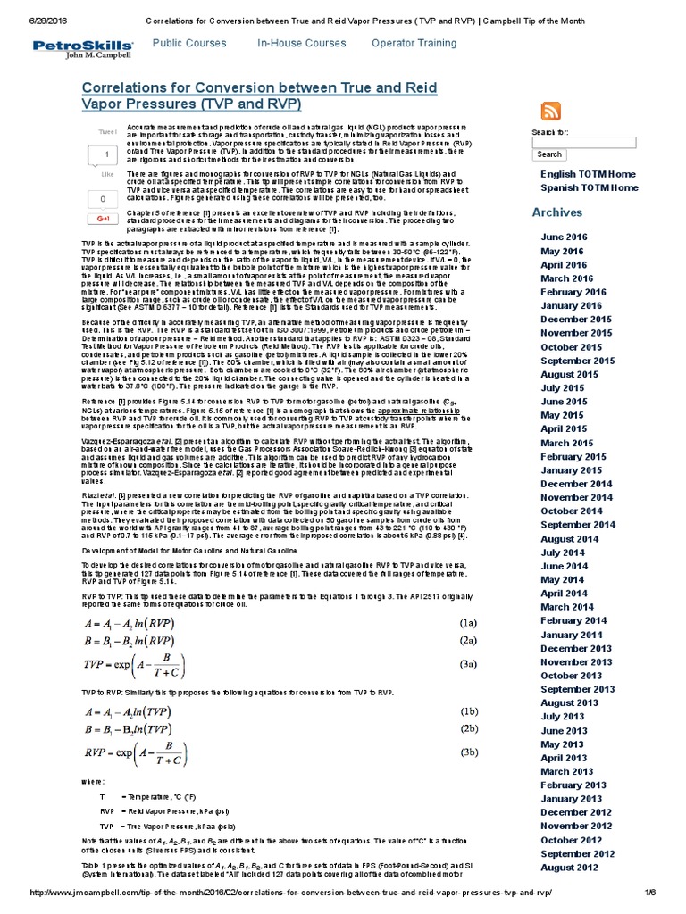 Correlations For Conversion Between True And Reid Vapor Pressures Tvp Correlations For Conversion Between True And Reid Vapor Pressures Tvp