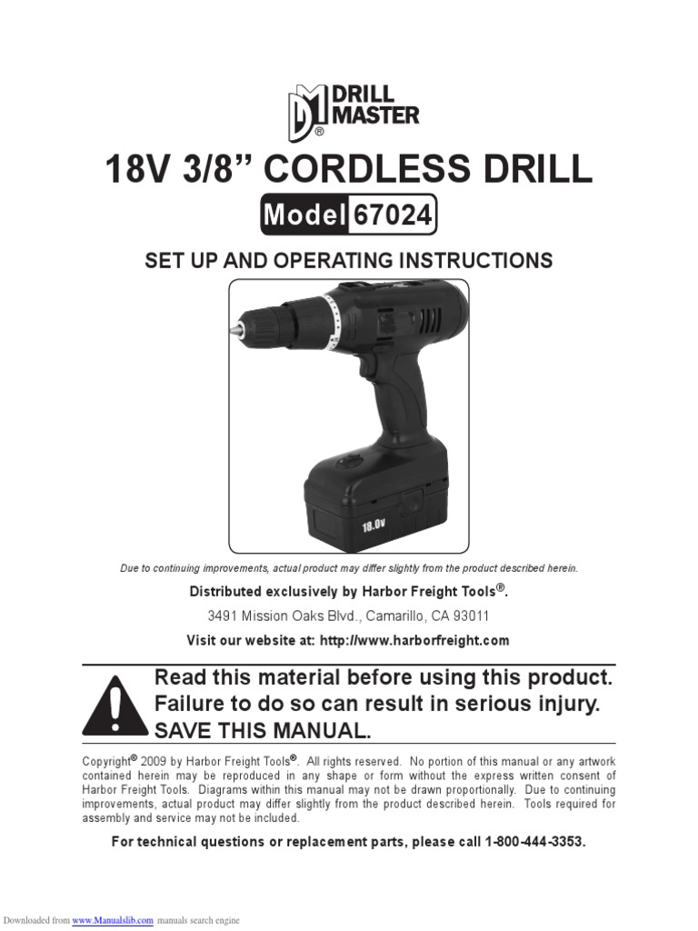 Drill Master 18V 3 8 67024 Set Up And Operating Instructions Manual Drill Master 18V 3 8 67024 Set Up And Operating Instructions Manual